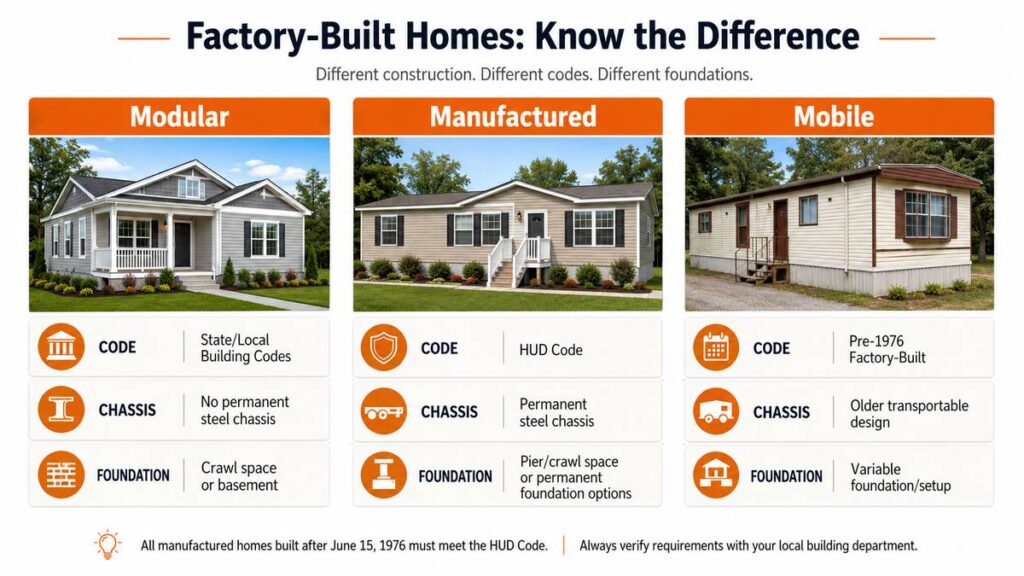 modular vs manufactured vs mobile homes comparison with factory-built home types, codes, chassis, and foundations.