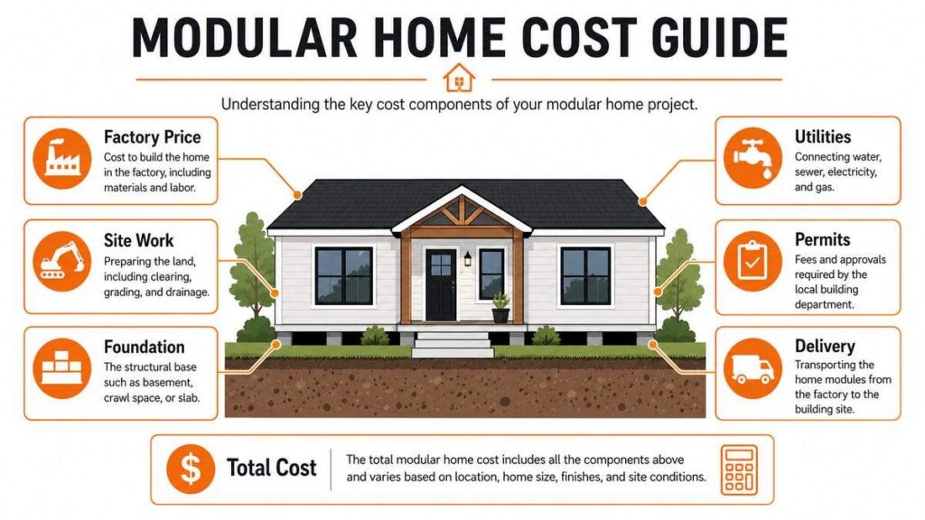 2026 modular home cost breakdown with factory price, site work, foundation, utilities, and delivery
