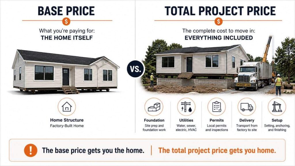 Modular home base price vs total project cost with foundation, utilities, permits, delivery, and setup