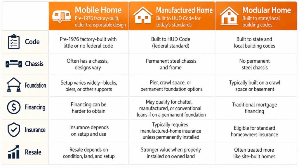 modular vs manufactured vs mobile homes comparison table with HUD Code foundation financing insurance and resale differences.