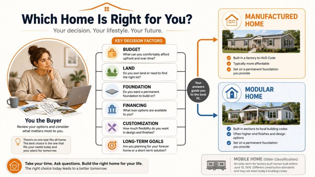 choosing modular manufactured or mobile homes by budget land foundation financing customization and resale goals.