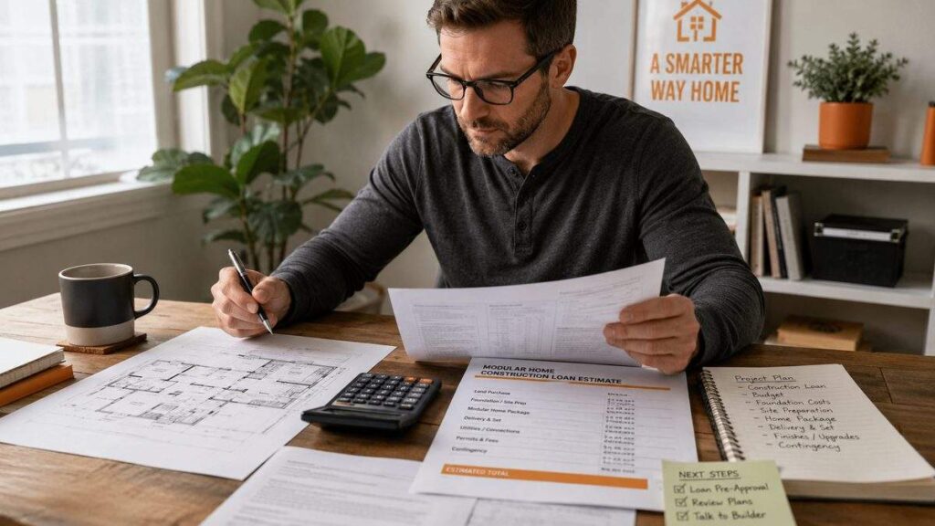 Modular home financing paperwork with construction loan planning, foundation costs, and project scope