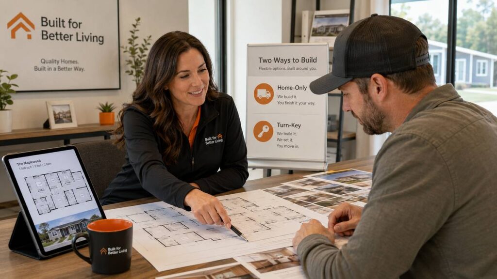 Next Modular mobile and modular home buyers comparing Home-Only and Turn-Key service options.