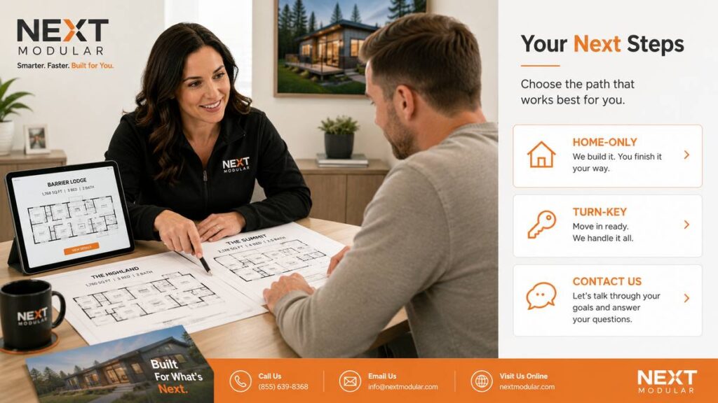 Next Modular buyer comparing modular home floor plans Home-Only modular homes and Turn-Key modular home service.