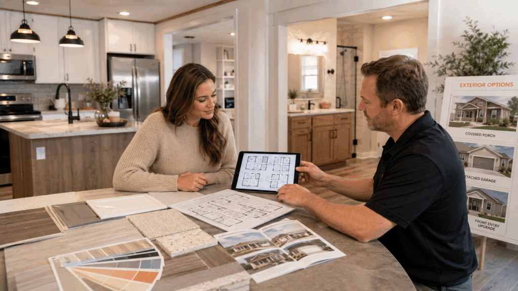 New mobile home buyer comparing floor plans, finishes, kitchens, bathrooms, appliances, porches, and garage options.