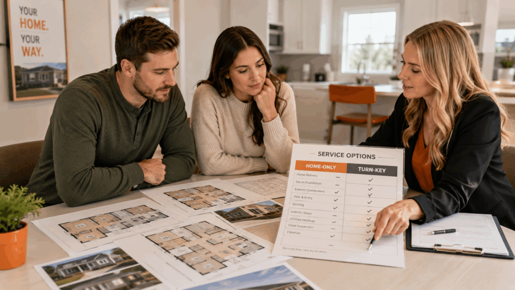 Next Modular buyer comparing mobile home floor plans, Home-Only service, and Turn-Key service options.