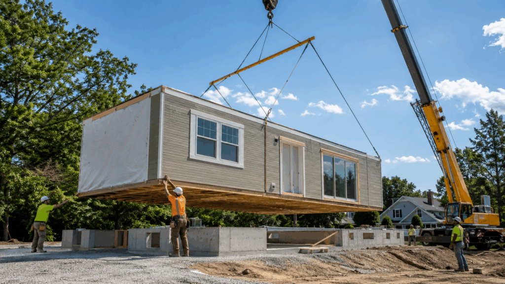 modular home sections set by crane on permanent foundation