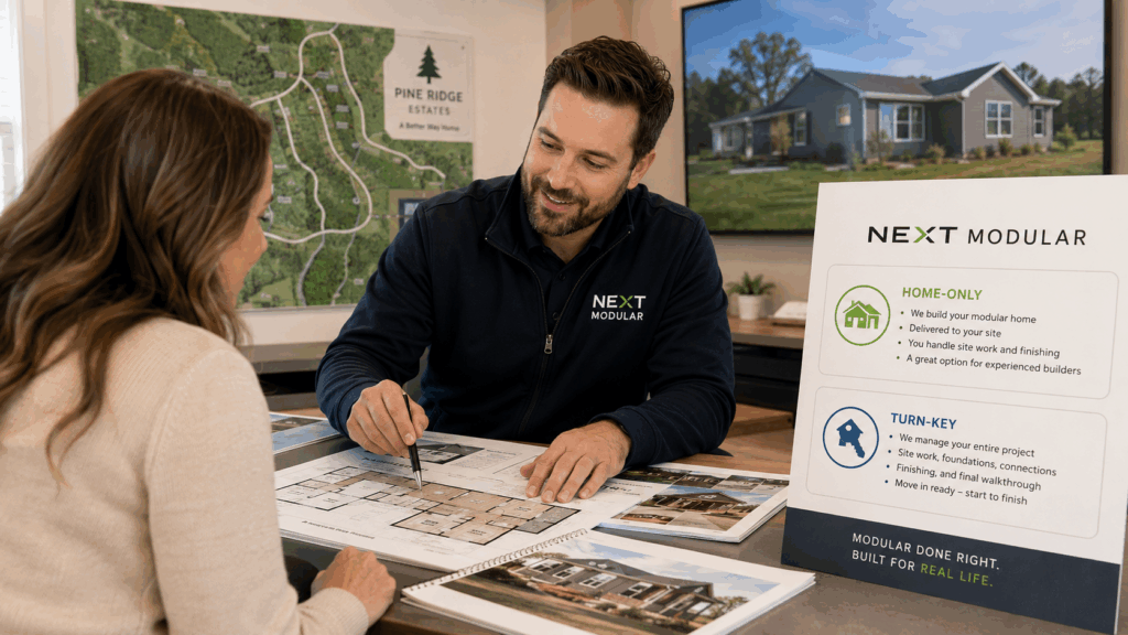 Next Modular consultant explaining modular homes, Home-Only service, and Turn-Key modular home service