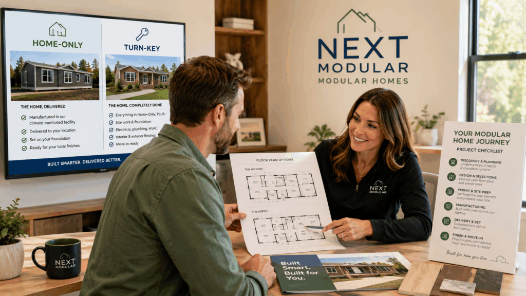 Next Modular pathway for modular home floor plans, Home-Only modular homes, and Turn-Key modular home service