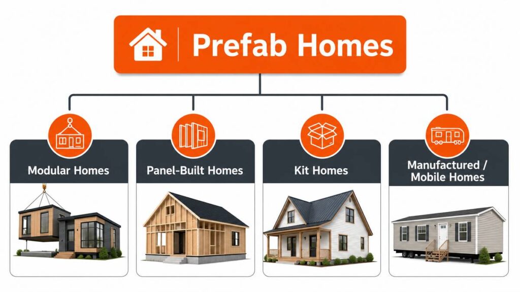 prefab homes category showing modular homes, panel-built homes, kit homes, and manufactured homes